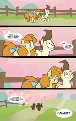 Size: 700x1120 | Tagged: source needed, safe, artist:egophiliac, derpibooru import, pound cake, pumpkin cake, pegasus, pony, unicorn, slice of pony life, g4, bow, brown hair, comic, day, dialogue, duo, female, fence, full body, horn, image, mare, png, speech bubble, tail, tail bow, text, wooden fence