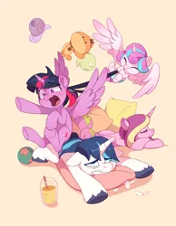 Size: 2800x3615 | Tagged: safe, artist:drtuo4, derpibooru import, princess cadance, princess flurry heart, shining armor, spike, twilight sparkle, twilight sparkle (alicorn), alicorn, dragon, pony, unicorn, g4, aunt and niece, auntie twilight, baby, baby food, baby pony, babysitting, ball, brother and sister, cute, diaper, eyeshadow, family, feather, female, filly, flying, foal, group, hair pulling, horn, husband and wife, image, jpeg, makeup, male, mare, open mouth, ouch, pillow, plushie, quintet, siblings, sleeping, stallion, tired, uncle and niece, uncle spike