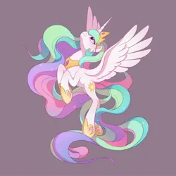 Size: 3000x3000 | Tagged: safe, artist:drtuo4, derpibooru import, princess celestia, alicorn, pony, g4, crown, female, flying, high res, hoof shoes, image, jewelry, jpeg, looking up, mare, purple background, regalia, simple background, solo, spread wings, wings