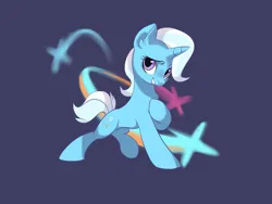 Size: 4000x3000 | Tagged: safe, artist:drtuo4, derpibooru import, trixie, pony, unicorn, g4, ear fluff, female, grin, hoof on chest, horn, image, jpeg, looking at you, mare, purple background, simple background, smiling, smiling at you, solo, stars