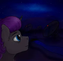 Size: 2560x2475 | Tagged: safe, artist:coffee_caramel, derpibooru import, oc, oc:farman royce, pony, unicorn, blue eyes, colored, dark sky, grey skin, horn, image, jpeg, male, mountain, night, purple mane, radio telescope, river, sky, solo, stallion, star sky, stars, voice of the void, water