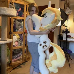 Size: 800x800 | Tagged: safe, artist:nakedskull, derpibooru import, sweet biscuit, cat, human, pony, unicorn, g4, cat tree, female, holding a pony, horn, image, irl, irl cat, irl human, jpeg, life size, lighting, mare, more at source, photo, plushie, pony plushie, sewing machine, size comparison