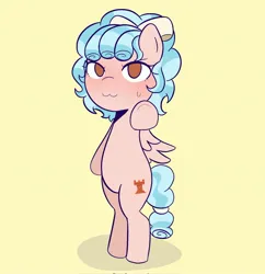 Size: 1982x2048 | Tagged: safe, artist:eltrash_art6, derpibooru import, cozy glow, pegasus, pony, g4, :3, bipedal, blushing, bow, female, filly, foal, hair bow, image, jpeg, pointing, simple background, solo, yellow background