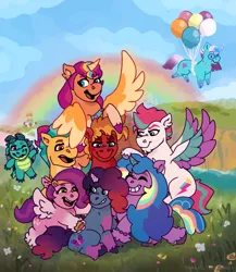 Size: 2247x2586 | Tagged: safe, artist:dragao_tecnologia, derpibooru import, hitch trailblazer, izzy moonbow, pipp petals, sparky sparkeroni, sprout cloverleaf, sunny starscout, zipp storm, pony, g5, comet (g5), fanart, image, mane eight, misty brightdawn, png, unitober 2024