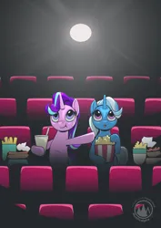 Size: 2171x3070 | Tagged: safe, artist:mysticalpha, derpibooru import, starlight glimmer, trixie, pony, unicorn, g4, cinema, duo, female, food, hoof hold, horn, image, implied lesbian, implied shipping, implied startrix, mare, png, popcorn, signature, snacks