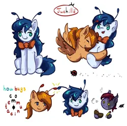 Size: 1629x1617 | Tagged: safe, artist:ju4111a, derpibooru import, oc, oc:svatya, oc:syrok, oc:vet, bat pony, earth pony, insect, ladybug, pegasus, pony, antennae, bat pony oc, bat wings, bowtie, collage, duo, earth pony oc, floating wings, friends, friendship, image, looking at each other, looking at someone, looking at you, notebook, pegasus oc, pencil, png, simple background, sitting, smiling, smiling at each other, smiling at you, sparkles, spread wings, strabismus, white background, wings