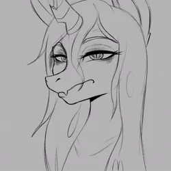 Size: 1080x1080 | Tagged: safe, artist:dominismortis, derpibooru import, queen chrysalis, changeling, changeling queen, g4, female, grayscale, image, jpeg, lidded eyes, looking at you, monochrome, sketch, solo