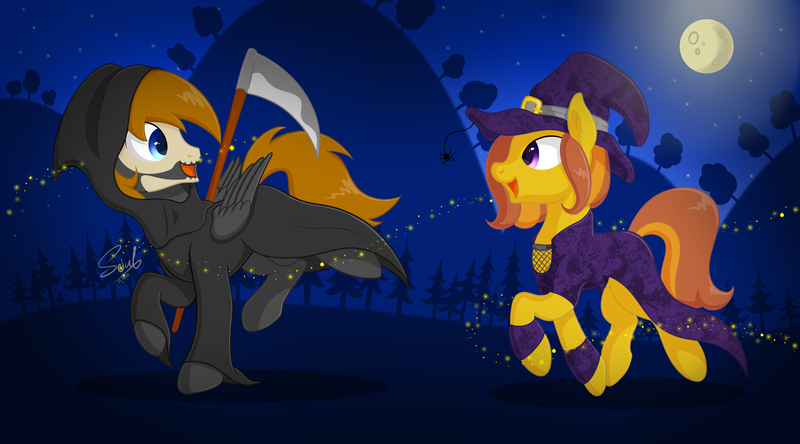 Size: 3285x1825 | Tagged: safe, artist:soulfulmirror, derpibooru import, oc, oc:honey ella, oc:romance heart, unofficial characters only, earth pony, pegasus, pony, clothes, costume, duo, grim reaper, hat, image, moon, night, nightmare night, nightmare night costume, png, romella, scythe, witch, witch hat