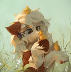 Size: 1871x1902 | Tagged: safe, artist:rvsd, derpibooru import, oc, unofficial characters only, bird, chicken, earth pony, pony, chick, commission, ear fluff, female, flower, flower in hair, image, mare, png, solo, unshorn fetlocks