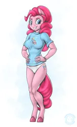 Size: 1864x3070 | Tagged: suggestive, alternate version, artist:mysticalpha, derpibooru import, pinkie pie, anthro, earth pony, pegasus, pony, unguligrade anthro, g4, breasts, busty pinkie pie, cameltoe, clothes, female, grin, hand on hip, image, looking at you, mare, multiple variants, no pants, panties, pantless, png, signature, simple background, smiling, smiling at you, solo, solo female, underwear, white background, white panties, white underwear