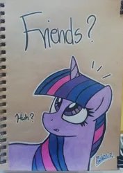 Size: 2945x4160 | Tagged: safe, artist:mashee, derpibooru import, twilight sparkle, unicorn, g4, colored, confused, crayon drawing, cute, horn, huh, image, jpeg, lineart, looking up, open mouth, pencil drawing, photo, shocked, solo, traditional art, unicorn twilight