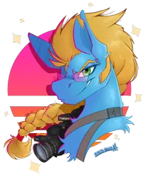 Size: 4415x5288 | Tagged: safe, artist:adilord, derpibooru import, oc, oc:shutter speed, unofficial characters only, earth pony, pony, braid, bust, camcorder, chest fluff, commission, facial hair, glasses, high res, image, looking at you, male, neon, png, portrait, simple background, smug, solo, stallion, synthwave, torn ear, transparent background