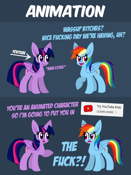 Size: 2160x2880 | Tagged: safe, artist:tridashie, derpibooru import, rainbow dash, twilight sparkle, twilight sparkle (alicorn), alicorn, pegasus, pony, 2 panel comic, blue body, blue coat, blue fur, blue pony, blue wings, comic, duo, duo female, female, frown, image, jpeg, looking at each other, looking at someone, looking at you, magenta eyes, mare, multicolored hair, multicolored mane, multicolored tail, open frown, open mouth, open smile, purple body, purple coat, purple eyes, purple fur, purple hair, purple mane, purple tail, purple wings, rainbow hair, rainbow tail, smiling, striped hair, striped mane, striped tail, swearing, tail, talking, talking to viewer, text, three toned hair, three toned mane, three toned tail, vulgar, wings, youtube, youtube kids, youtube kids shit