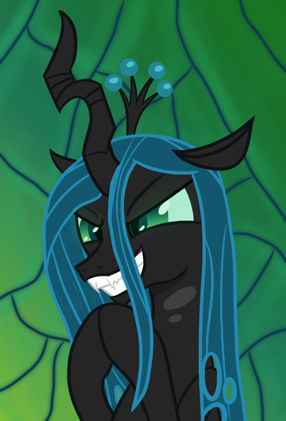 Size: 702x1032 | Tagged: safe, artist:agreylongma, derpibooru import, queen chrysalis, changeling, changeling queen, g4, bust, crown, fangs, female, gradient background, image, jewelry, png, regalia, sharp teeth, solo, teeth