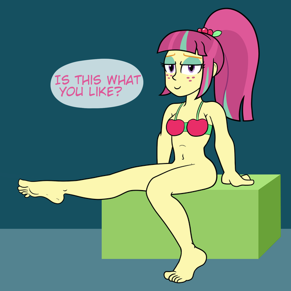 Size: 1488x1488 | Tagged: questionable, artist:scraggleman, derpibooru import, sour sweet, equestria girls, g4, bottomless, breasts, clothes, feet, image, partial nudity, png, simple background, sitting, solo, speech bubble, text