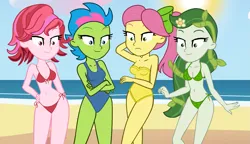 Size: 1613x926 | Tagged: safe, artist:robertsonskywa1, derpibooru import, posey (g5), equestria girls, g4, g5, beach, bikini, clothes, equestria girls-ified, female, females only, g5 to equestria girls, g5 to g4, generation leap, image, leaf bikini, leaf pony, looking at you, luminous dazzle, one-piece swimsuit, photo, png, strapless, swimsuit, windy