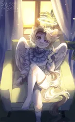 Size: 1505x2448 | Tagged: safe, artist:sweettsa1t, derpibooru import, oc, unofficial characters only, anthro, pegasus, plantigrade anthro, angel, armchair, chair, clothes, female, halo, image, png, shorts, sitting, socks, solo