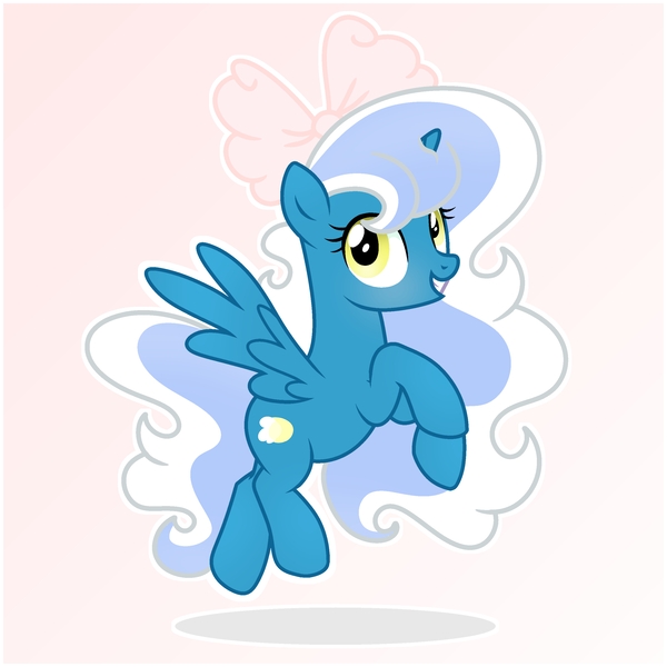 Size: 6890x6890 | Tagged: safe, artist:riofluttershy, derpibooru import, oc, oc:fleurbelle, unofficial characters only, alicorn, pony, alicorn oc, blushing, bow, female, flying, gradient background, hair bow, happy, horn, image, jpeg, mare, pink bow, solo, tail, two toned hair, two toned mane, two toned tail, wings, yellow eyes