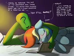 Size: 2146x1641 | Tagged: safe, artist:eels, derpibooru import, rainbow dash, oc, oc:anon, human, pegasus, pony, bed, blushing, book, dialogue, eyes closed, human on pony snuggling, image, laying on bed, lying down, on bed, png, reading, smiling, snuggling