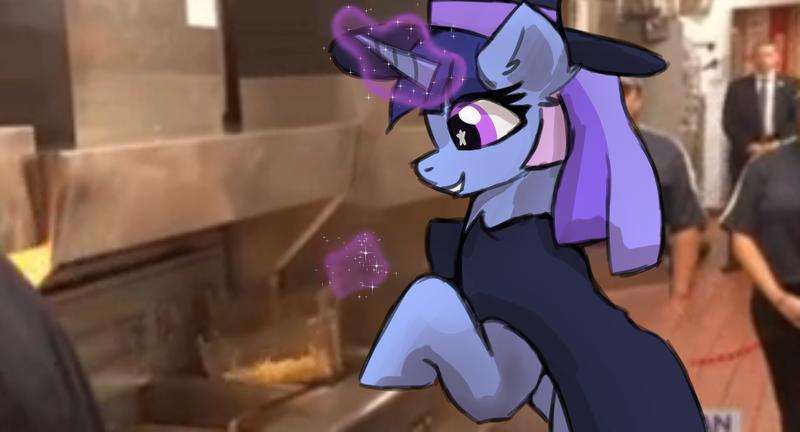 Size: 1073x580 | Tagged: safe, artist:naza, derpibooru import, oc, oc:flawless sparklemoon, unofficial characters only, pony, unicorn, belly, cloak, clothes, cooking, fusion, fusion:trixie, fusion:twilight sparkle, fusion:twixie, hat, horn, image, irl, magician outfit, meme, my little pony the movie: the death of twilight sparkle, parody, photo, png, ponies in real life, smiling, top hat, unicorn oc