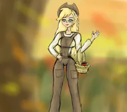 Size: 900x800 | Tagged: safe, derpibooru import, applejack, human, g4, apple, applejack day, applejack's hat, autumn, basket, clothes, country applejack, cowboy hat, food, hat, humanized, image, jpeg, overalls, pretty