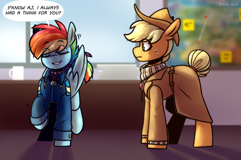 Size: 3000x2000 | Tagged: safe, artist:lrusu, derpibooru import, applejack, rainbow dash, earth pony, pegasus, pony, appledash, background, bisexuality, clothes, coffee mug, confession, cowboy hat, desk, dialogue, eyes closed, female, hat, image, lesbian, map, map of equestria, military uniform, mug, png, shipping, uniform, window