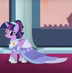 Size: 1127x1134 | Tagged: safe, derpibooru import, screencap, twilight sparkle, twilight sparkle (alicorn), alicorn, pony, g4, the last problem, alternate hairstyle, canterlot castle, carpet, castle, clothes, coronation dress, cropped, dress, elegant, evening, female, gown, image, jpeg, looking down, mare, red carpet, regal, sash, second coronation dress, solo