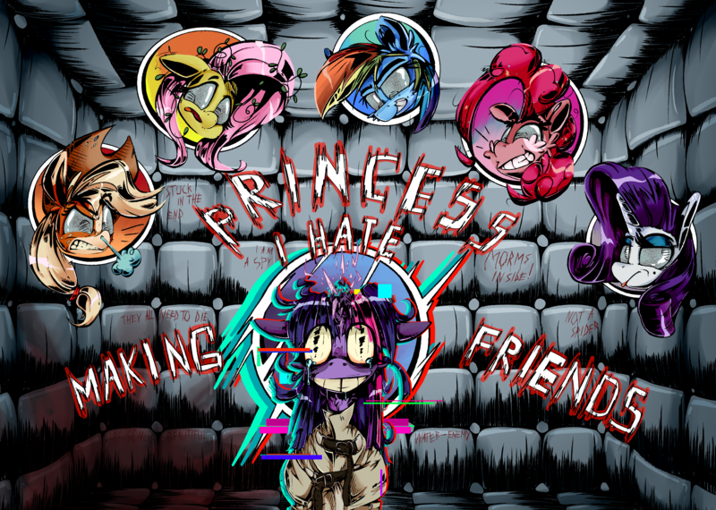 Size: 3987x2841 | Tagged: grimdark, artist:ybkathan, derpibooru import, applejack, fluttershy, pinkie pie, rainbow dash, rarity, twilight sparkle, earth pony, pegasus, pony, unicorn, g4, angry, asylum, bully, bullying, error, glitch, horn, image, png, psycho, shy, text