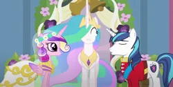 Size: 2144x1077 | Tagged: safe, derpibooru import, screencap, princess cadance, princess celestia, queen chrysalis, shining armor, alicorn, changeling, pony, unicorn, a canterlot wedding, g4, season 2, bride, clothes, cropped, disguise, disguised changeling, dress, eyes closed, fake cadance, flower, force field, gown, groom, happy, horn, image, jpeg, marriage, royal wedding, sash, uniform, wedding, wedding dress