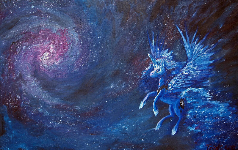 Size: 2000x1263 | Tagged: safe, artist:tridgeon, derpibooru import, princess luna, alicorn, pony, g4, ethereal mane, female, image, jpeg, mare, oil painting, painting, solo, spread wings, traditional art, wings