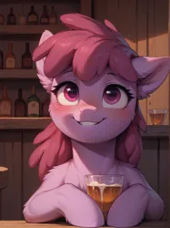 Size: 1496x2000 | Tagged: safe, ai content, derpibooru import, machine learning generated, prompter:lagerai, stable diffusion, berry punch, berryshine, earth pony, pony, g4, alcohol, blushing, drink, drunk, generator:pony diffusion v6 xl, image, indoors, looking up, png, sitting, smiling, solo