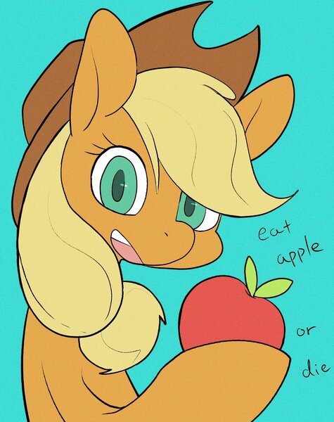 Size: 2021x2553 | Tagged: safe, artist:noupu, derpibooru import, applejack, earth pony, pony, g4, apple, blue background, bust, colored pupils, female, food, hoof hold, image, jpeg, mare, no catchlights, open mouth, open smile, simple background, smiling, solo, talking to viewer, that pony sure does love apples, threatening