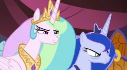 Size: 1376x767 | Tagged: safe, artist:sleeplesseevee, derpibooru import, edit, edited screencap, screencap, princess celestia, princess luna, alicorn, pony, a royal problem, equestria girls, g4, angry, canterlot castle, celestia is not amused, female, glare, image, luna is not amused, palette swap, pinklestia, png, recolor, unamused