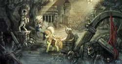 Size: 1200x635 | Tagged: safe, artist:ziom05, derpibooru import, carrot top, derpy hooves, golden harvest, pegasus, pony, undead, derpy's and carrot top's journey, g4, armor, bone, female, image, jpeg, mare, ruins, scenery, scenery porn, skeleton, statue