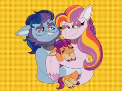 Size: 2048x1536 | Tagged: safe, artist:rinnapaws, derpibooru import, sunny starscout, earth pony, pony, g5, abstract background, argyle starshine, family, female, filly, filly sunny starscout, foal, holding a pony, hug, image, jpeg, male, mare, past, stallion, trio, unitober 2024, velvet starscout, younger