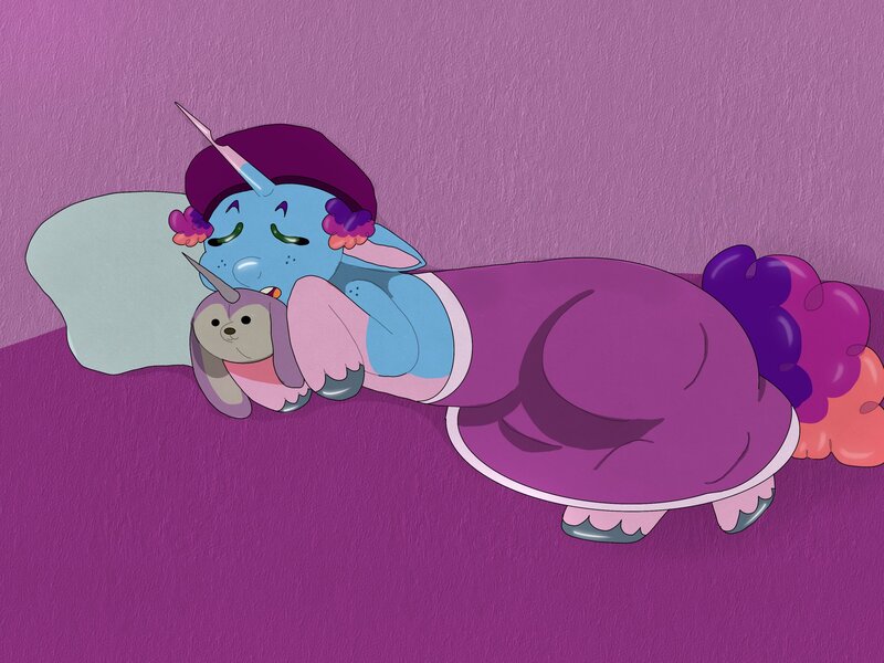 Size: 2048x1536 | Tagged: safe, artist:rinnapaws, derpibooru import, bunnycorn, pony, rabbit, unicorn, g5, abstract background, blanket, blanket burrito, bonnet, cozy, female, horn, image, jpeg, mare, misty brightdawn, misty's comfort bunnycorn, pillow, plushie, rebirth misty, sleeping, solo, unitober 2024