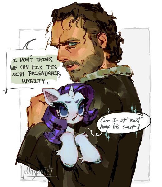 Size: 1774x2048 | Tagged: safe, artist:p0nyplanet, derpibooru import, human, pony, unicorn, g4, beard, clothes, crossover, dialogue, facial hair, holding a pony, horn, image, jacket, jpeg, moustache, rick grimes, speech bubble, the walking dead