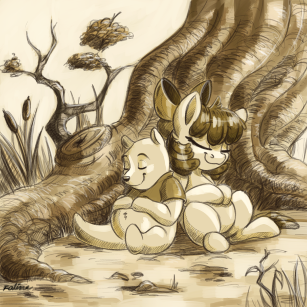 Size: 6000x6000 | Tagged: safe, artist:faline-art, derpibooru import, apple bloom, bear, earth pony, pony, g4, absurd file size, absurd resolution, adorabloom, crossover, cute, duo, female, filly, foal, happy, image, male, mare, monochrome, png, pooh, sepia, sleeping, tree, winnie the pooh