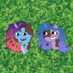 Size: 1280x1280 | Tagged: safe, artist:dawnie, derpibooru import, izzy moonbow, pony, unicorn, g5, abstract background, duo, duo female, female, forest, horn, image, jpeg, leaf, leaves, leaves in hair, mare, misty brightdawn, mud, muddy, nature, rebirth misty, tree, twig, twigs in hair, unitober 2024