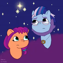 Size: 1280x1280 | Tagged: safe, artist:dawnie, derpibooru import, sunny starscout, earth pony, pony, g5, abstract background, argyle starshine, duo, duo male and female, female, image, jpeg, male, mare, night, night sky, sad, sky, stallion, stars, unitober 2024