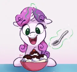 Size: 2713x2550 | Tagged: safe, artist:thefloatingtree, derpibooru import, sweetie belle, pony, unicorn, g4, atg 2020, banana, bowl, cherry, chocolate, cute, diasweetes, female, filly, floppy ears, foal, food, glow, glowing horn, herbivore, horn, hungry, ice cream, image, magic, magic aura, newbie artist training grounds, no pupils, open mouth, open smile, png, salivating, signature, slimy, smiling, solo, spoon, sundae, taste buds, telekinesis, this will end in diabetes, this will end in weight gain, uvula