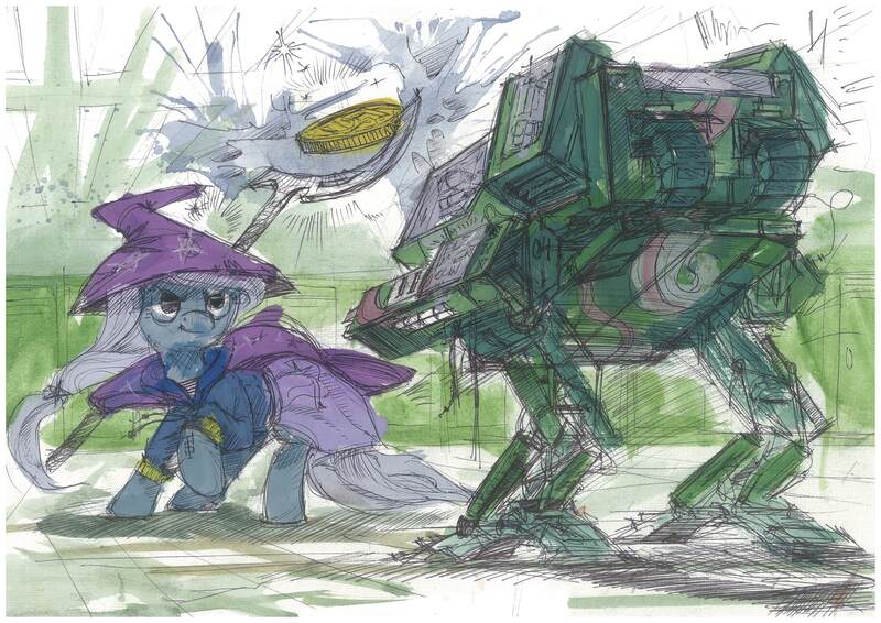 Size: 4680x3310 | Tagged: safe, artist:quiet-victories, derpibooru import, trixie, pony, robot, unicorn, g4, battletech, crackers, duo, female, food, horn, image, jpeg, mare, mech, traditional art, vending machine