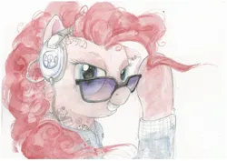 Size: 2340x1654 | Tagged: safe, artist:quiet-victories, derpibooru import, pinkie pie, earth pony, pony, g4, clothes, cutie mark headphones, female, grin, headphones, image, jpeg, looking at you, mare, shirt, smiling, solo, sunglasses, tattoo, traditional art, watercolor painting