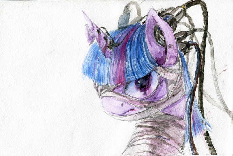 Size: 4672x3136 | Tagged: semi-grimdark, artist:quiet-victories, derpibooru import, twilight sparkle, cyborg, pony, g4, aenima, bandage, cables, female, image, jpeg, mare, solo, traditional art, watercolor painting