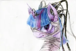 Size: 4672x3136 | Tagged: semi-grimdark, artist:quiet-victories, derpibooru import, twilight sparkle, cyborg, pony, g4, aenima, bandage, cables, female, image, jpeg, mare, solo, traditional art, watercolor painting