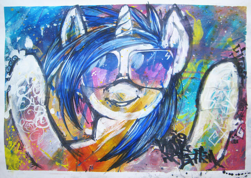 Size: 1871x1328 | Tagged: safe, artist:quiet-victories, derpibooru import, vinyl scratch, pony, unicorn, g4, female, gouache, hooves, horn, image, jpeg, mare, markers, mixed media, smiling, solo, sunglasses, traditional art