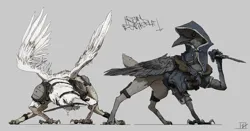 Size: 4187x2191 | Tagged: safe, artist:quiet-victories, derpibooru import, bird, original species, raven (bird), ravenwolf, wolf, albino, armor, barely pony related, colored sketch, commission, damaged wing, duo, duo male, fantasy class, hood, image, knife, leather, leather armor, male, mouth hold, png, red eyes, rogue, sketch, weapon