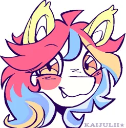 Size: 529x537 | Tagged: safe, artist:kaijulii, derpibooru import, oc, unofficial characters only, bat pony, :3, ahoge, bat pony oc, bat wings, blue hair, blue mane, ear tufts, fangs, icon, image, multicolored hair, multicolored mane, pink hair, pink mane, png, ponysona, profile picture, simple background, solo, white background, white fur, wings, yellow fur, yellow hair, yellow mane