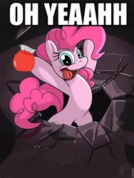 Size: 480x640 | Tagged: safe, artist:secoh2000, derpibooru import, edit, pinkie pie, pony, g4, 2012, caption, female, ice, ice cube, image, image macro, jpeg, mare, meme, old art, open mouth, roflbot, text, watermark