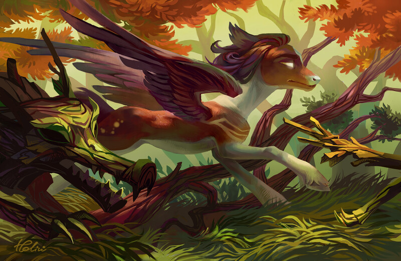 Size: 3840x2499 | Tagged: safe, artist:holivi, derpibooru import, oc, unofficial characters only, pegasus, pony, timber wolf, commission, duo, forest, image, jpeg, male, nature, running, spread wings, stallion, tree, wings